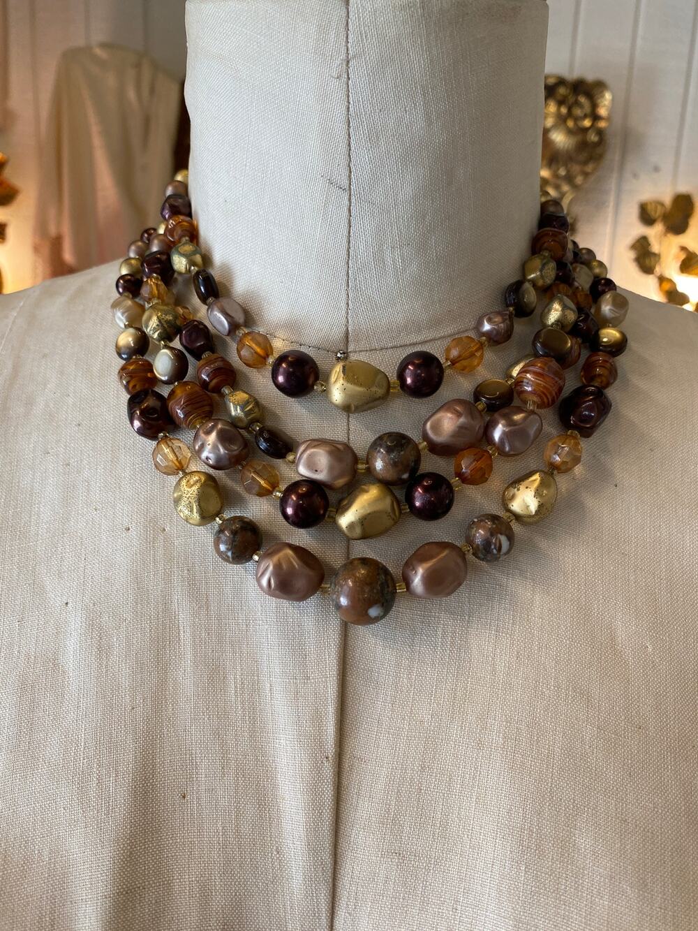 vintage 1950s multi strand beaded necklace, 50s costume jewelry, brown gold rust